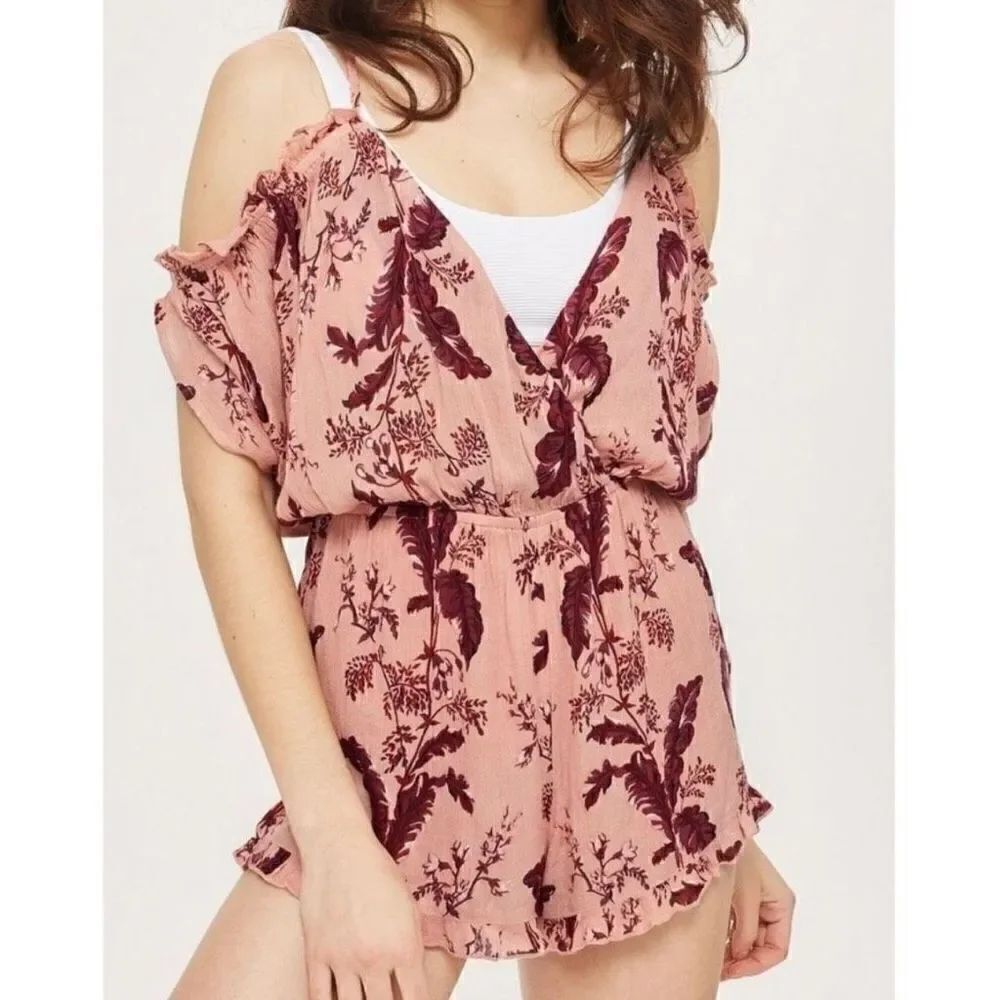 Topshop Womens Cold Shoulder Romper Playsuit Surplice Floral Tassel Pink Small